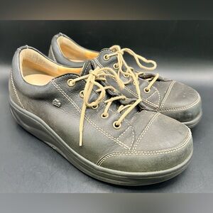 Finn Comfort- Black Leather Casual Shoes‎ with Tan Laces,Some wear, Size:4-1/2